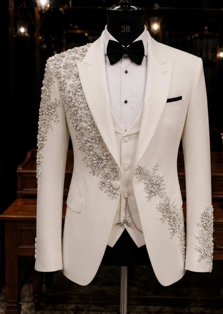 Groom 4piece black & cream suit 100% cotton fabric suit with lace